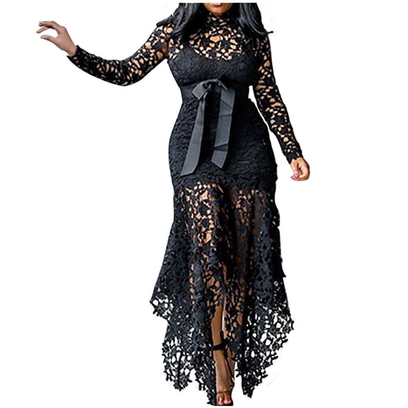 Hollow Lace Maxi Dress Womens Formal Evening Gowns, Asymmetrical Elegant Long Floor-Length Lace Dress Black S
