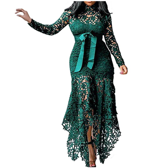 Hollow Lace Maxi Dress Womens Formal Evening Gowns, Asymmetrical Elegant Long Floor-Length Lace Dress Green XXL