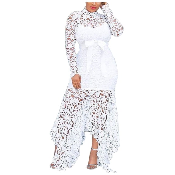 Hollow Lace Maxi Dress Womens Formal Evening Gowns, Asymmetrical Elegant Long Floor-Length Lace Dress White XXL