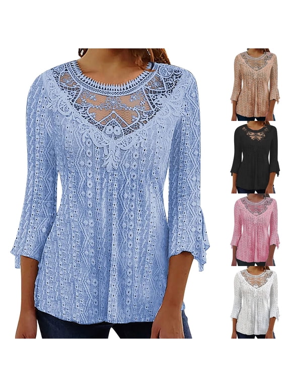 Hollow Lace Stitching Top, Baberdicy Women's Lace Tops 3/4 Sleeve Sheer See Through Casual Summer Blouses Women 7 Point Sleeve Blouse, Orange Xl