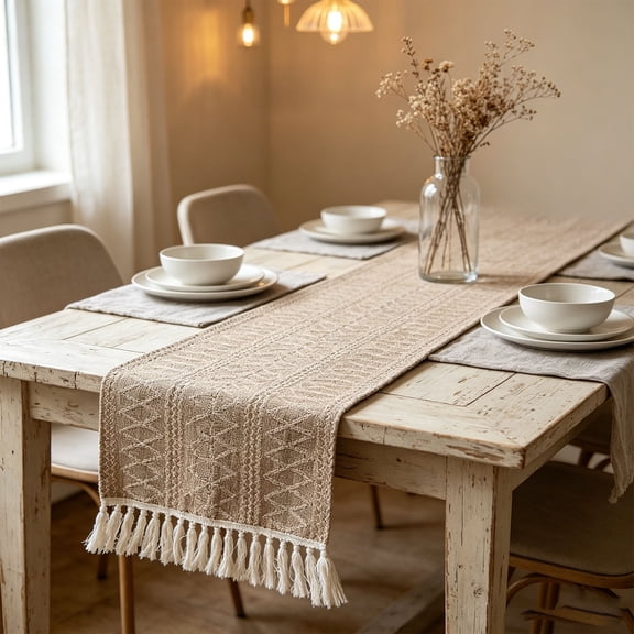 Hollow Lace Woven Table Runner with Tassel Trim,3 Neutral Tone Textile Dining Table Decor Strip for Coffee Table Sideboard Display,71"x12"(Beige)
