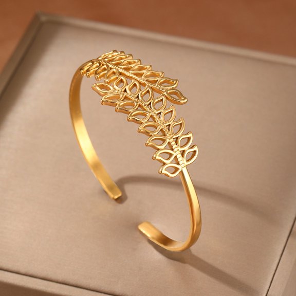 Hollow Leaf Open Adjustable Bangle Bracelet for Men Women, 14K Gold Filled Distinctive Chic Sleek Timeless Modern Everyday Style Jewelry