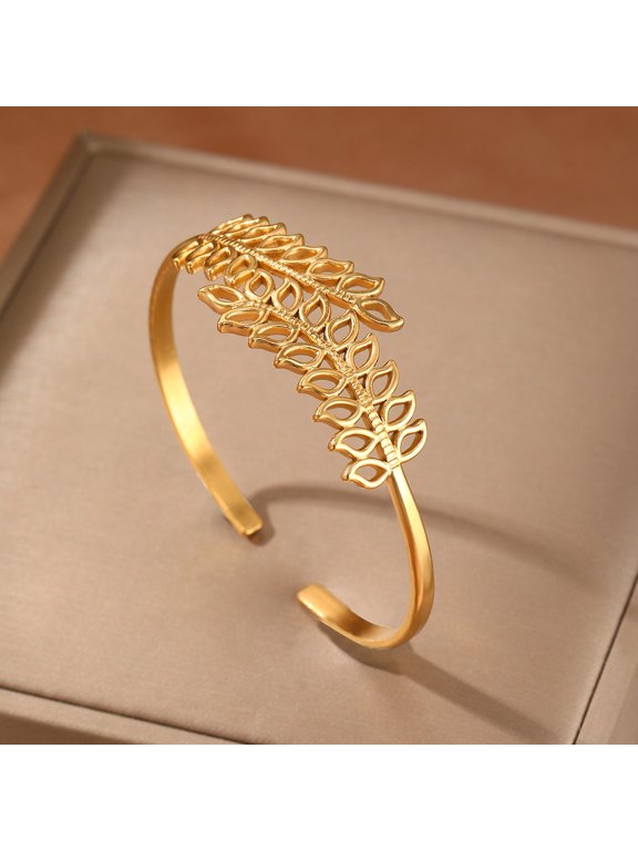 Hollow Leaf Open Adjustable Bangle Bracelet for Men Women, 14K Gold Filled Distinctive Chic Sleek Timeless Modern Everyday Style Jewelry
