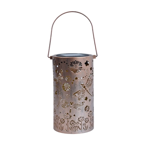 Hollow Metal Solar Lantern Dandelion Dragonfly Butterfly Projection Light Rustic Waterproof Hanging Solar Bucket Lamp Auto Dusk To Dawn Warm LED Outdoor Lighting for Yard Patio Garden Lawn Pathway