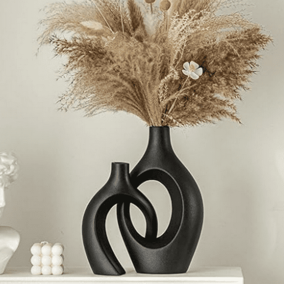 Hollow Modern Ceramic Vase Set of 2, Mid Century Nordic Aesthetic Decorative Vase Decorative Vases for Home Table Decor (Matte Black W 6.8" X H 11")