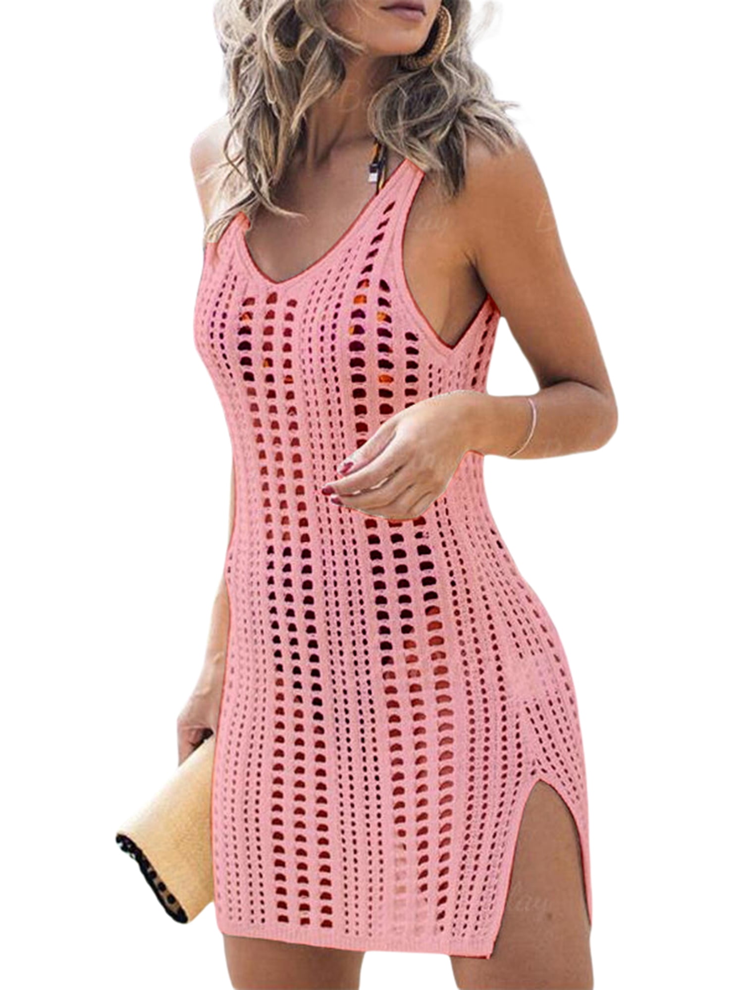 Waiting for Summer Coral Pink Crochet Swim Cover-Up Maxi Dress