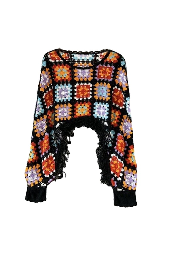 Hollow Out Crochet Knit Loose Sweater Long Sleeve Tassels Hem Cover Up Pullover Crop Top for Womens