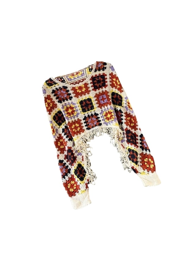 Hollow Out Crochet Knit Loose Sweater Long Sleeve Tassels Hem Cover Up Pullover Crop Top for Womens