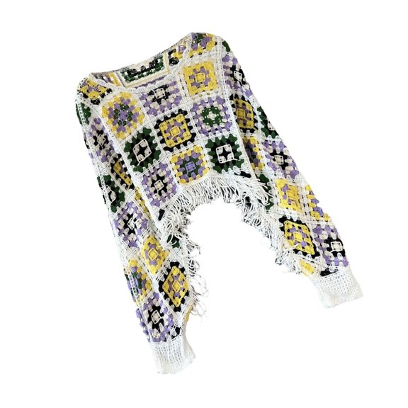 Hollow Out Crochet Knit Loose Sweater Long Sleeve Tassels Hem Cover Up Pullover Crop Top for Womens