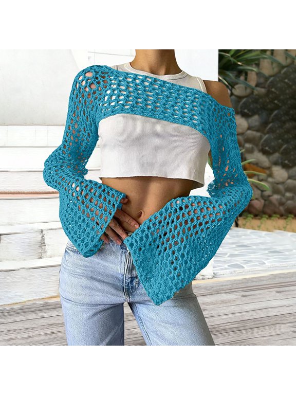 Hollow Out Crochet Knit Shrug, Bell Sleeve Off Shoulder Mesh Top, Sheer See-Through Summer Layering Cover Up, Sky Blue L