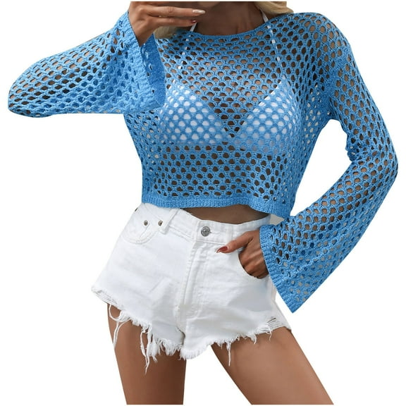 Hollow Out Crop Tops for Women Summer Fall Crochet Cover Ups Crewneck Bell Long Sleeve Cropped Short T Shirts (Medium, Blue)
