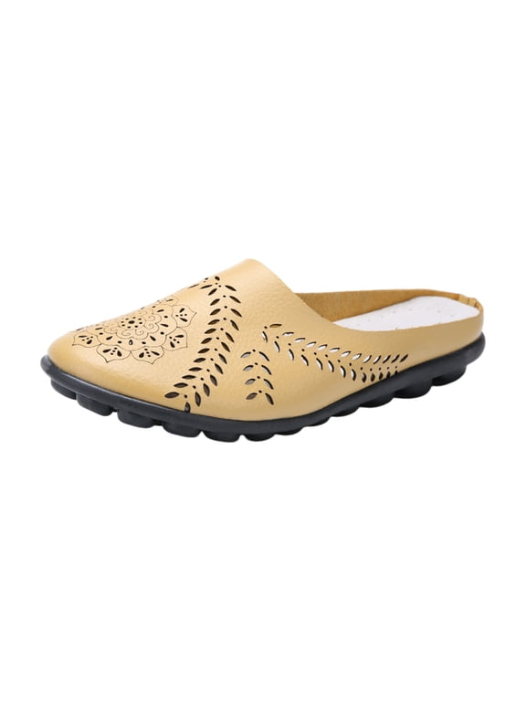 Hollow‑Out Floral Mule Loafers For Women Casual Backless Slip‑On Flat Walking Shoes Non‑Slip Soft Sole Summer Comfort Slippers Wild Driving Flats Soft Walking Shoes Women Slip On Work Flats