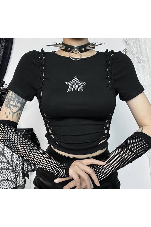 Hollow Out Gothic Hand-knitted Rhinestoned Short Sleeve T-shirt Women Harajuku Embroidery Punk E Girl Crop Tshirt