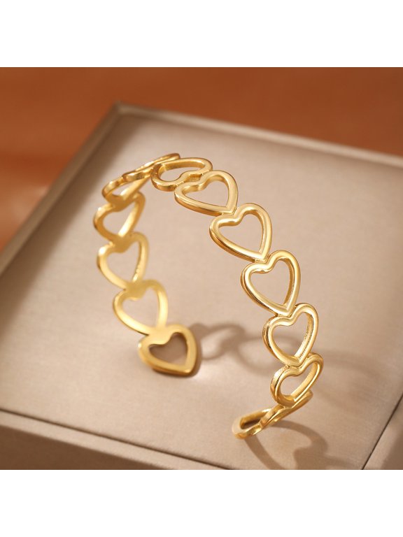 Hollow Out Heart Shape Open Hand Cuff Bracelet for Women, 14K Gold Filled Clean Minimalist Chic Streamlined Elegant Everyday Style Jewelry