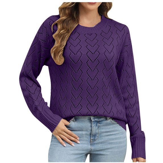 Hollow Out Knit Sweater Women Long Sleeve Round Neck Solid Color Casual Pullover Tops Lightweight Comfy Pullover Jumper