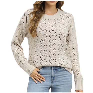 Hollow Out Knit Sweater Women Long Sleeve Round Neck Solid Color Casual Pullover Tops Lightweight Comfy Pullover Jumper