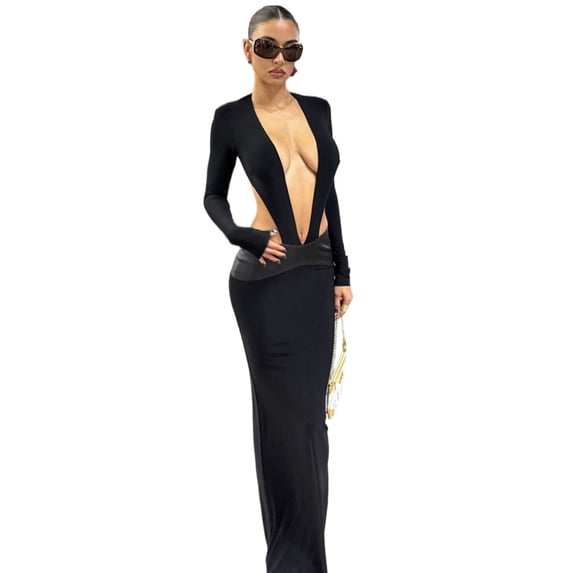 Hollow Out Long Sleeve Sexy Maxi Dress Women Gown Elegant Black Deep V Neck Backless Bodycon Skinny Club Long Dresses