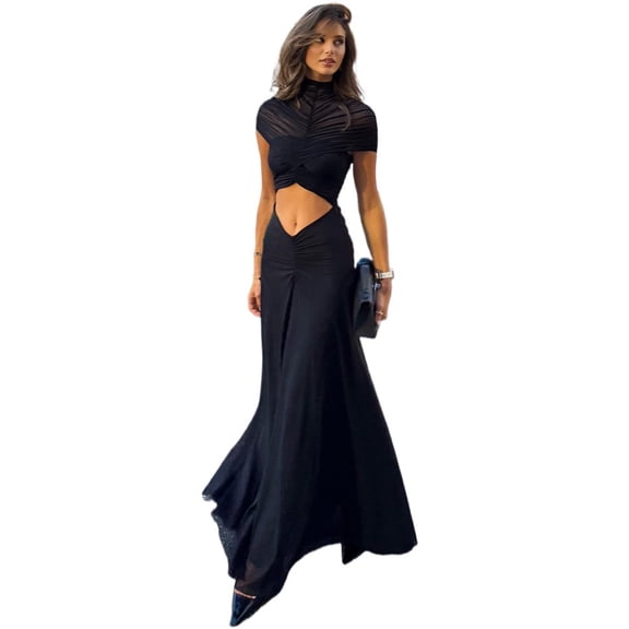 Hollow Out Short Sleeve Sexy Maxi Dress Women Fashion O Neck Ruched High Waist Bodycon Club Party Long Dress Female