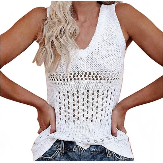 Hollow Out Sweater Vest Women Spring Summer V Neck Sleeveless Knit Casual Sweaters Tank Tops