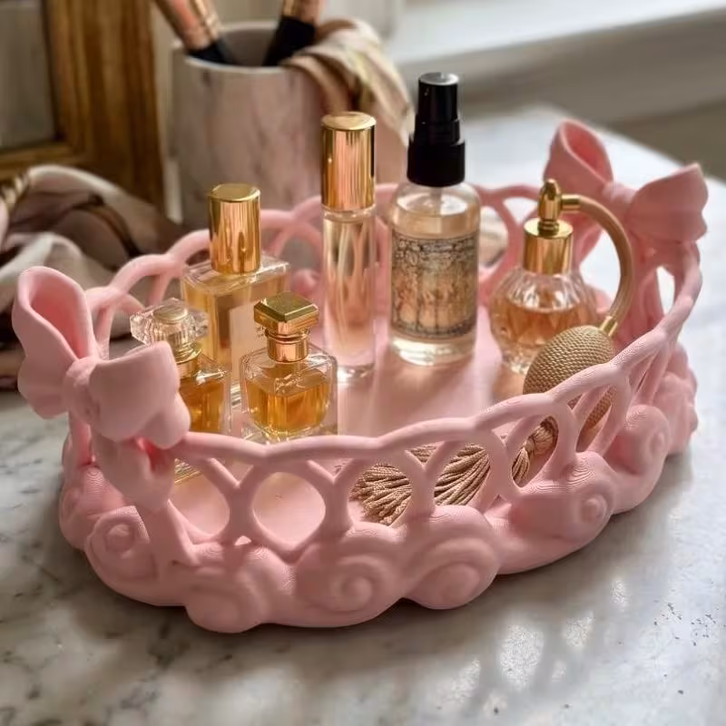 Hollow Oval Storage Tray with Bow-Cloud Design Elegant Side Bow & Rotating Base, Cute Vanity Organizer for Perfume, Cosmetics, Brushes & Jewelry, Perfect Gift for Girlfriend