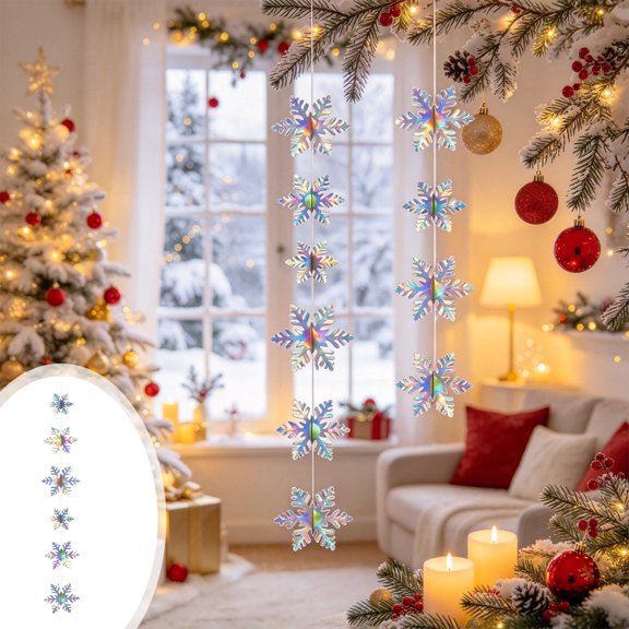 Hollow Paper Snowflake Christmas Hanging Garland, 118.11 Inch Long Winter Window Ceiling Swag, Lightweight Foldable Holiday Streamer for Bedroom Party Wedding