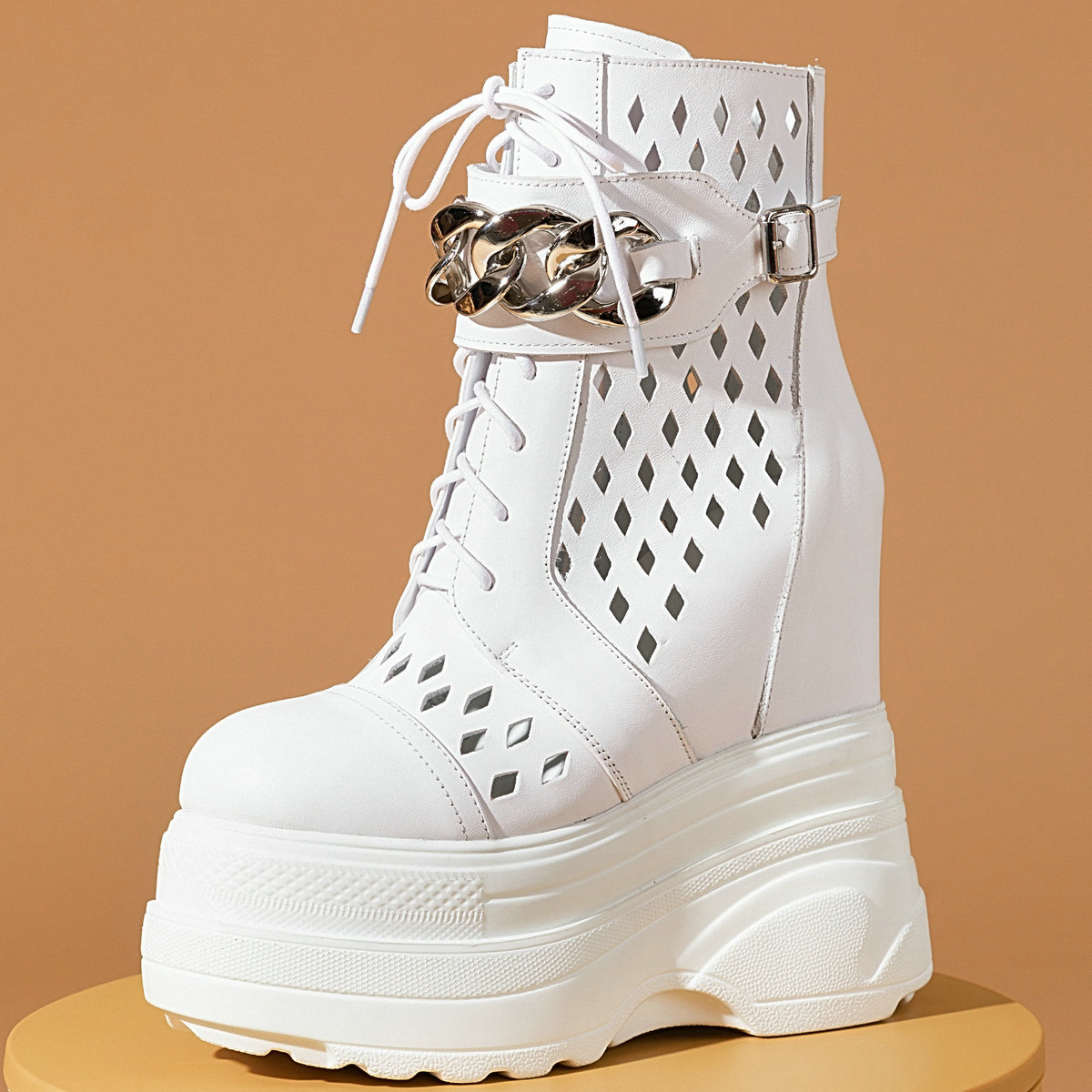 Hollow Platform Pumps Shoe Women Lace Up Cow Leather Wedges High Heel