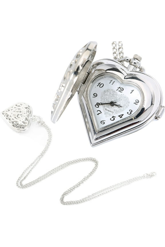 Hollow Quartz Heart Shaped Pocket Watch Necklace Pendant Chain Clock Women Gift