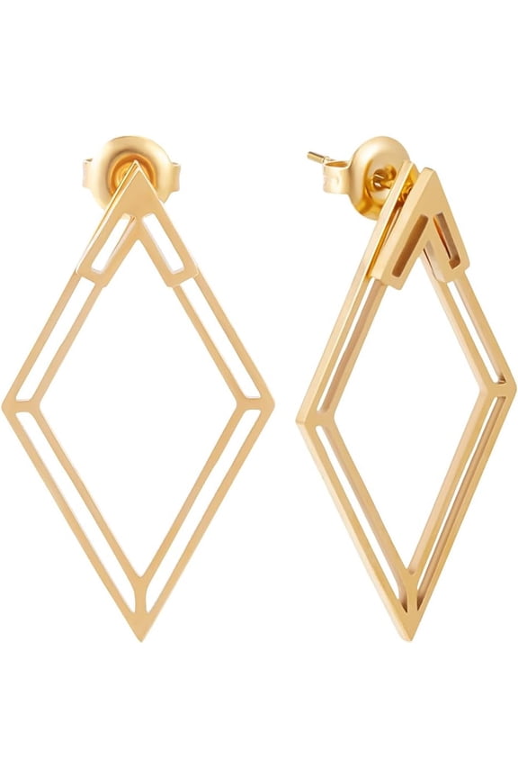 Hollow Rhombus Front Back Earrings 35x20mm Golden Statement Rhombus Dangle Earrings Lightweight Minimalist Rhombus Titanium Steel Hoop Drop Earrings for Jewelry Gift Earring Supplies Gold