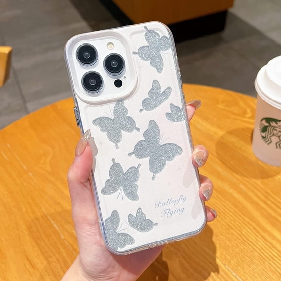 (Hollow with Shiny Paper) for iPhone 14 13 12 11 Pro Max Cute Case XR XS 14 Plus Max,Sparkling Glitter Gradient Bling Girls Women Cover (White Butterfly,for iPhone 12)