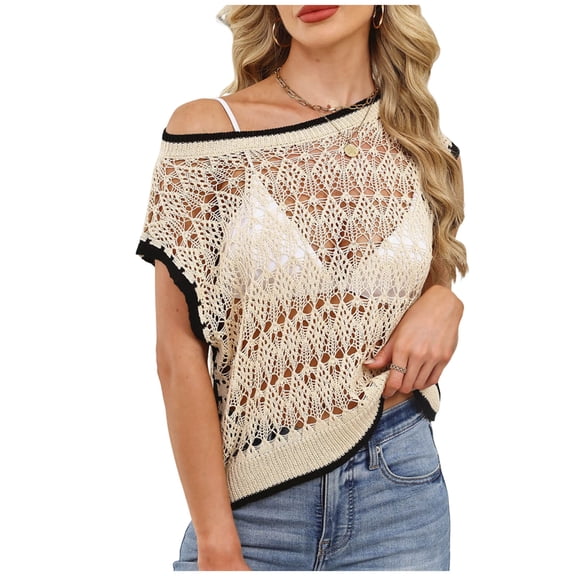 Hollow Short Sleeve Sweaters for Women Summer Pullover Loose Crewneck Casual Knitted Coverup Tee Tops Blouse
