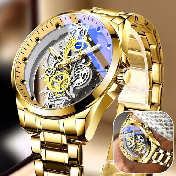 Hollow Skeleton Luxury Men's Automatic Quartz Stainless Steel Business Watch (Gold)