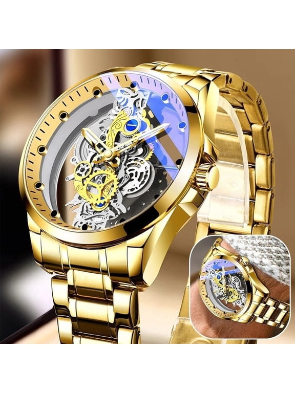 Hollow Skeleton Luxury Men's Automatic Quartz Stainless Steel Business Watch (Gold)