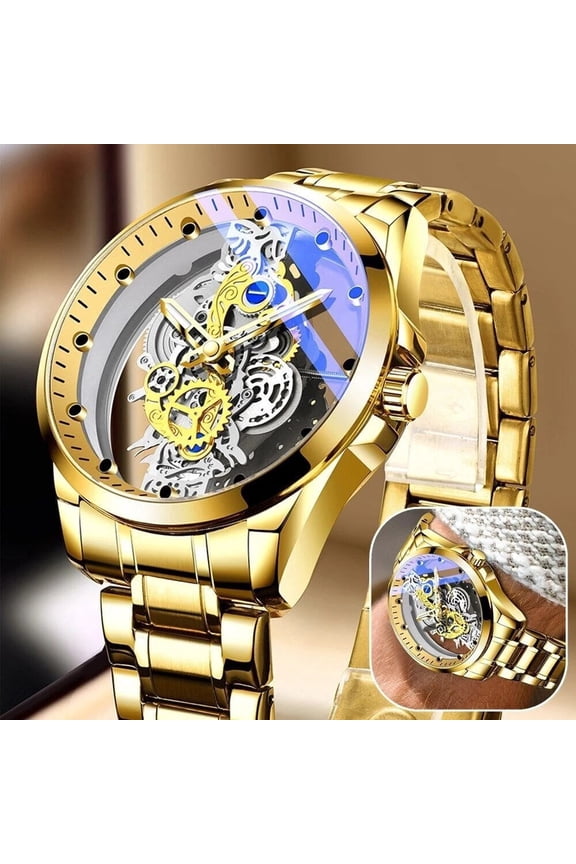 Hollow Skeleton Luxury Men's Automatic Quartz Stainless Steel Business Watch (Gold)