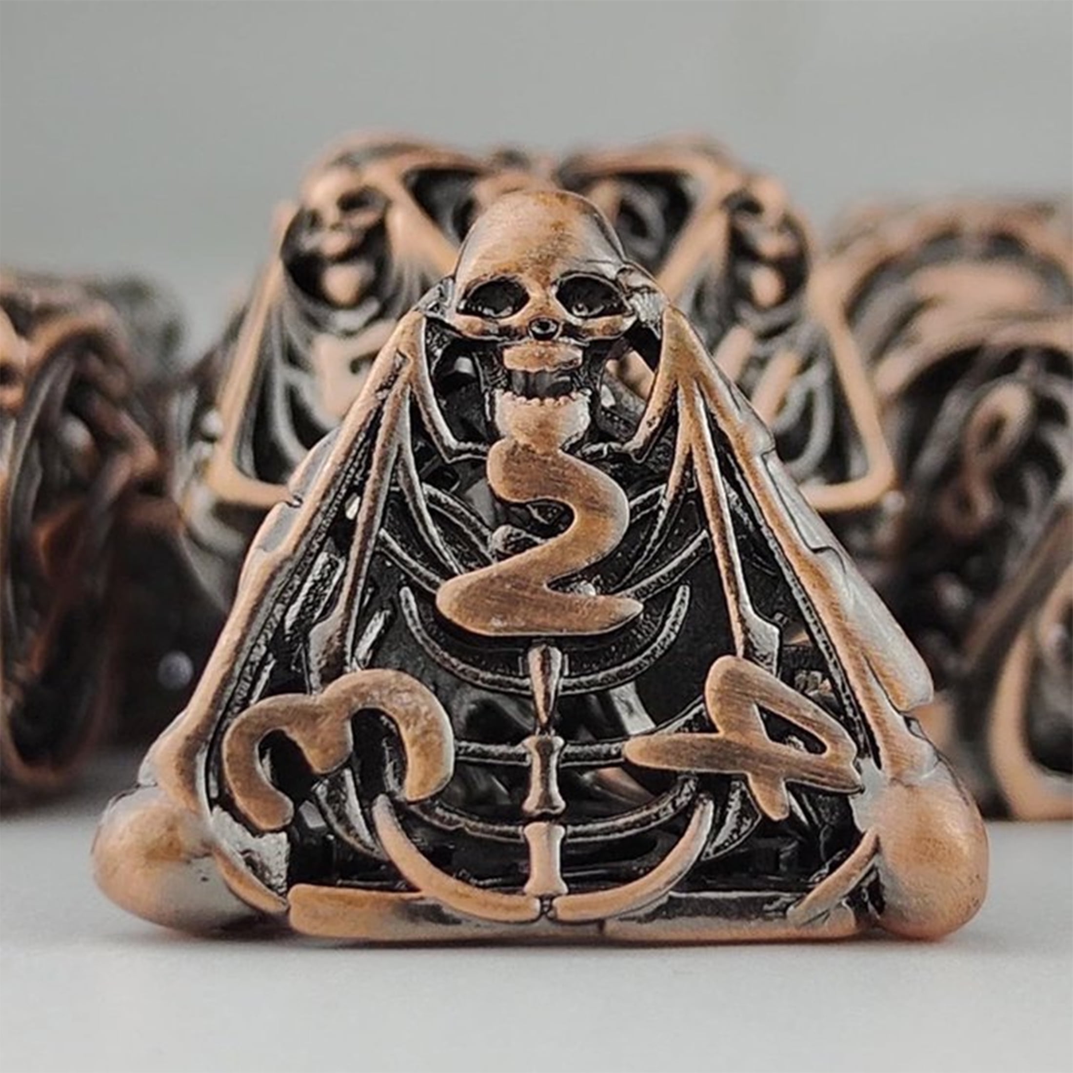 Hollow Skull DND Dice Set, Bronze, 7-Piece Metal Polyhedral Dice