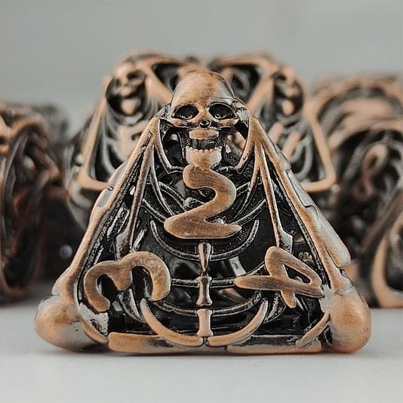 Hollow Skull DND Dice Set, Bronze, 7-Piece Metal Polyhedral Dice