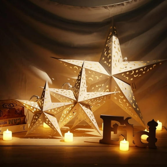 Hollow Out Star Hanging Pendant Led Light Window Grille Paper Lantern Wedding Party Christmas Stars Lampshade Decor White Star Moon Cut-Out Paper Star Lantern, Hanging Decoration(11.8 Inch, 1 Pack)