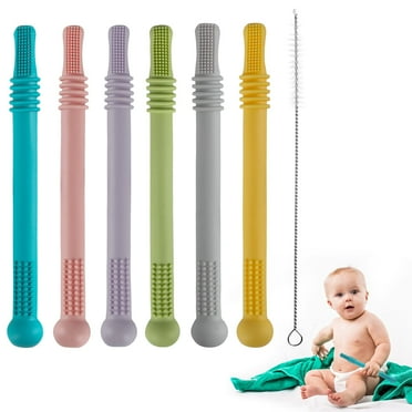 Hollow Teether Tube, 6 Pack Chew Straw Toy for Infant Toddlers Silicone Tubes Teething Toys for Babies 3-12 Months BPA Free/Freezable/Dishwasher and Refrigerator Safe