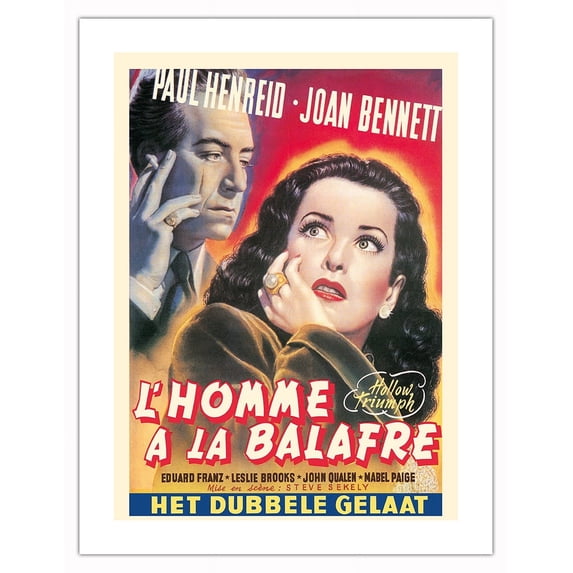 Hollow Triumph (L’Homme A La Balafre) - Starring Paul Henreid, Joan Bennett - Vintage Belgian Film Noir Movie Poster c.1948 - Bamboo Fine Art 290gsm Paper (Unframed) 17x22in