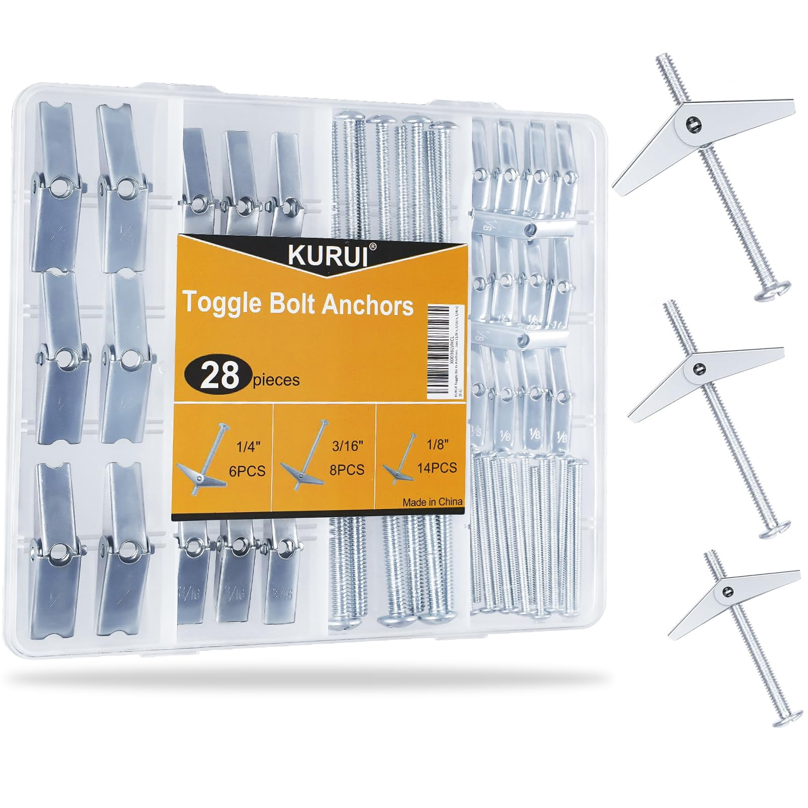 Hollow Wall Anchors Assorted Kit, 44Pc Heavy Duty Toggle Bolts and Wing Nut Kit, Drywall Anchors Assortment Set, Butterfly Anchors for Hanging Picture Curtain Rod Plant (1/8in, 3/16in, 1/4in)