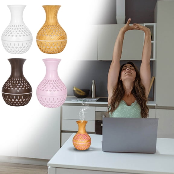 Hollow Wood Grain Desktop Humidifier Aromatherapy Diffuser | Colorful LED Night Lamp | 300ML Capacity | ABS Material | 5V USB Powered | White/Light/Dark Wood | 103x103x150mm | 2W | For Home Office