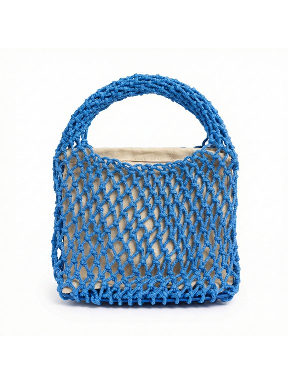 Hollow Woven Mini Tote Handbag, Net‑Knitted Top‑Handle Bag with Removable Inner Liner