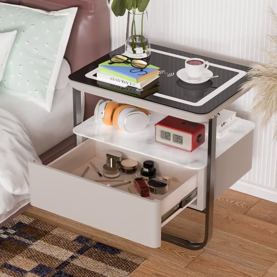 FINE MAKER Hollow Design Smart Bedside Table, Multifunctional 20 x 20 x 16 Inch Nightstand