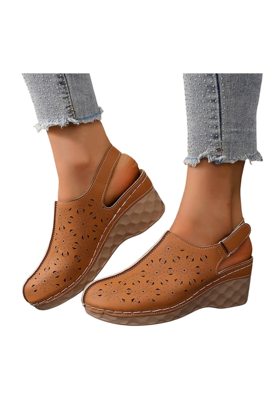 Hollow out Mules for Women Closed Round Toe Wedge Sandals Trendy Stitching Leather Adjustable Slingback Platform Heels Brown Size 6.5