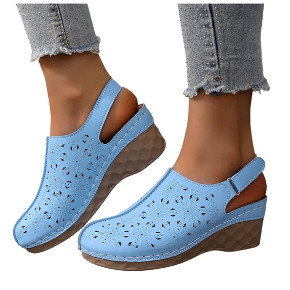 Hollow out Mules for Women Closed Round Toe Wedge Sandals Trendy Stitching Leather Adjustable Slingback Platform Heels Sky Blue Size 8