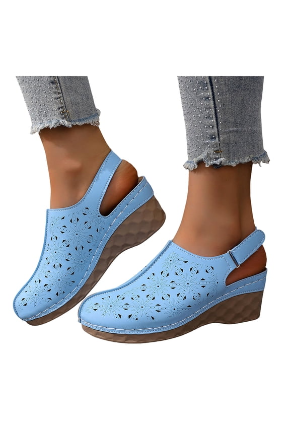 Hollow out Mules for Women Closed Round Toe Wedge Sandals Trendy Stitching Leather Adjustable Slingback Platform Heels Sky Blue Size 9