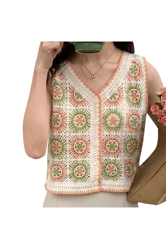Hollow out Top Women Embroidery Floral Pattern Crochet Sleeveless Top Vintage Seaside Knitted V Neck Vest