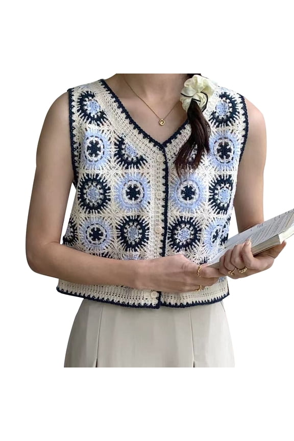 Hollow out Top Women Embroidery Floral Pattern Crochet Sleeveless Top Vintage Seaside Knitted V Neck Vest