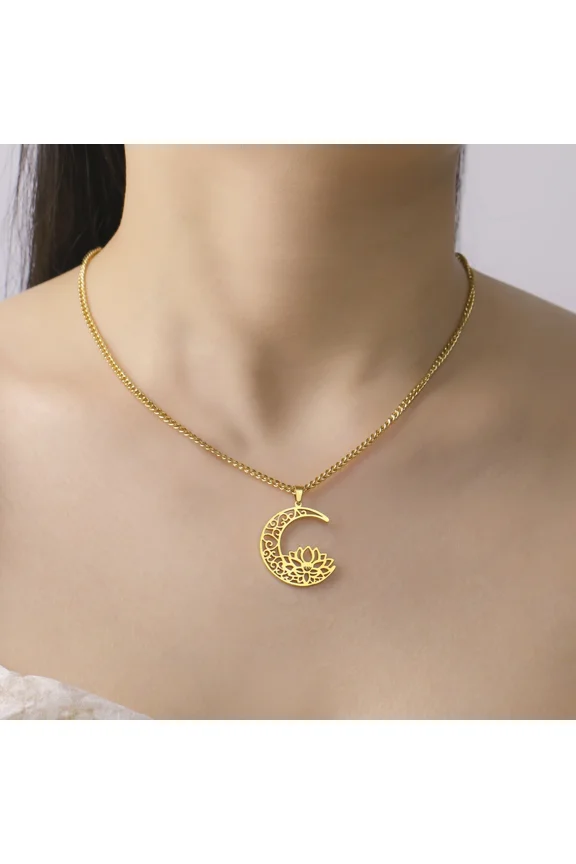 Hollow out crescent lotus necklace 14K Yellow Gold men's and women's yoga lotus pendant Buddhist amulet Halloween jewelry gift