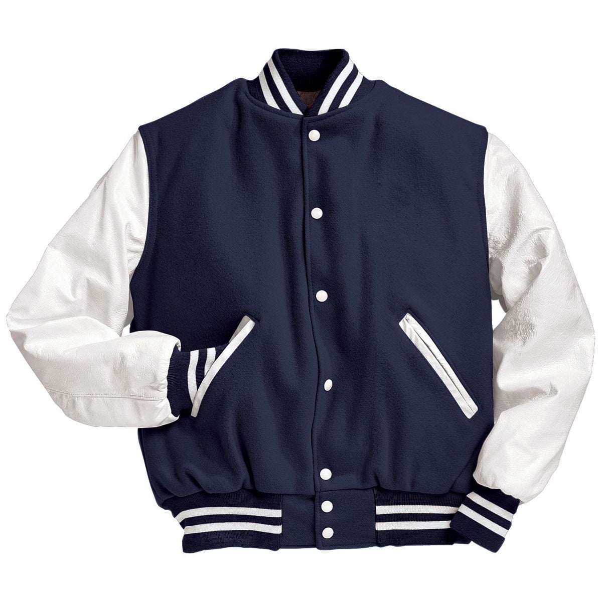 Varsity Jacket Baseball Letterman Bomber School Collage Of Black Wool and  Genuine Navy Blue Leather Sleeves at  Men’s Clothing store