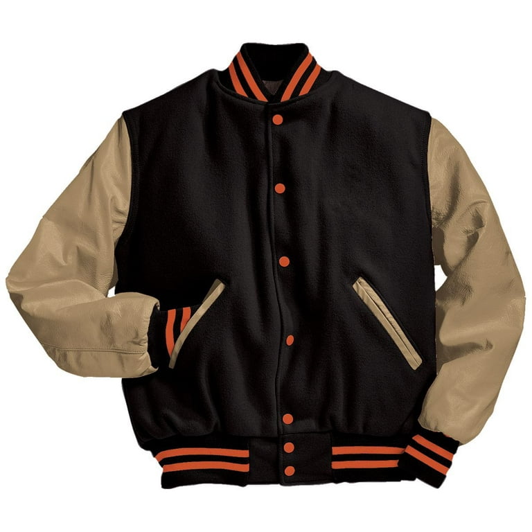 Varsity Jacket for Baseball Letterman Bomber School of Green Wool and  Genuine Brown Leather Sleeves at  Men’s Clothing store